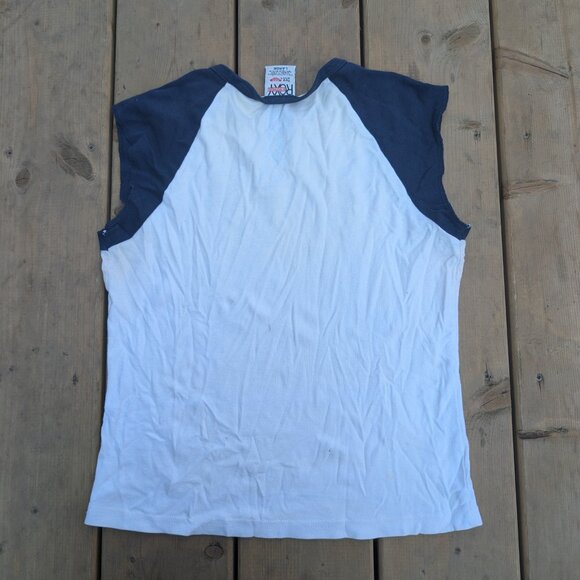 ROXY T-Shirt Women's L White Logo Graphic Cap Sleeve Split Neck Made In USA - Picture 8 of 9